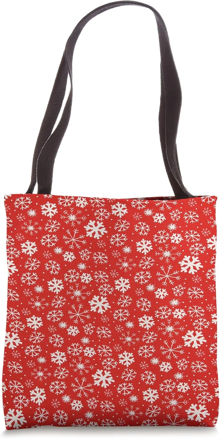 Hand Drawn Snowflake Snowfall Pattern With Red Background Tote Bag