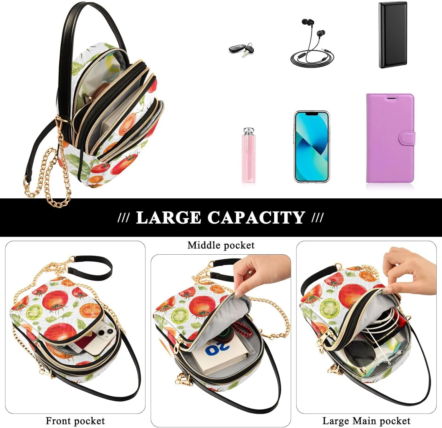 Hand Painted Watercolor Tomatoes Women's Crossbody Bags, Shoulder Purse Crossbody, Stylish Crossbody Bags for Travel