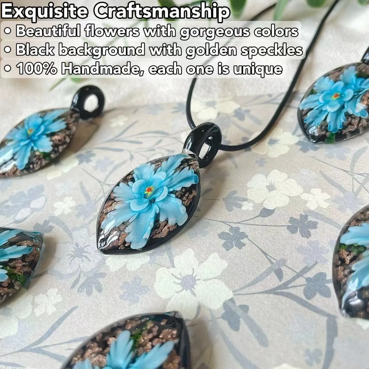 Handblown Murano Style Glass Necklace, Colorful Floral Large Pendant, Murano Glass Inspired Jewlery, Gifts for Women Girls Christmas (Blue-single flower)