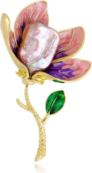 Handmade Baroque Pearl Magnolia Brooches and Pins for Women, High-End Graceful Natural Pearl Magnolia Flower Corsage Brooch Pin Jewelry