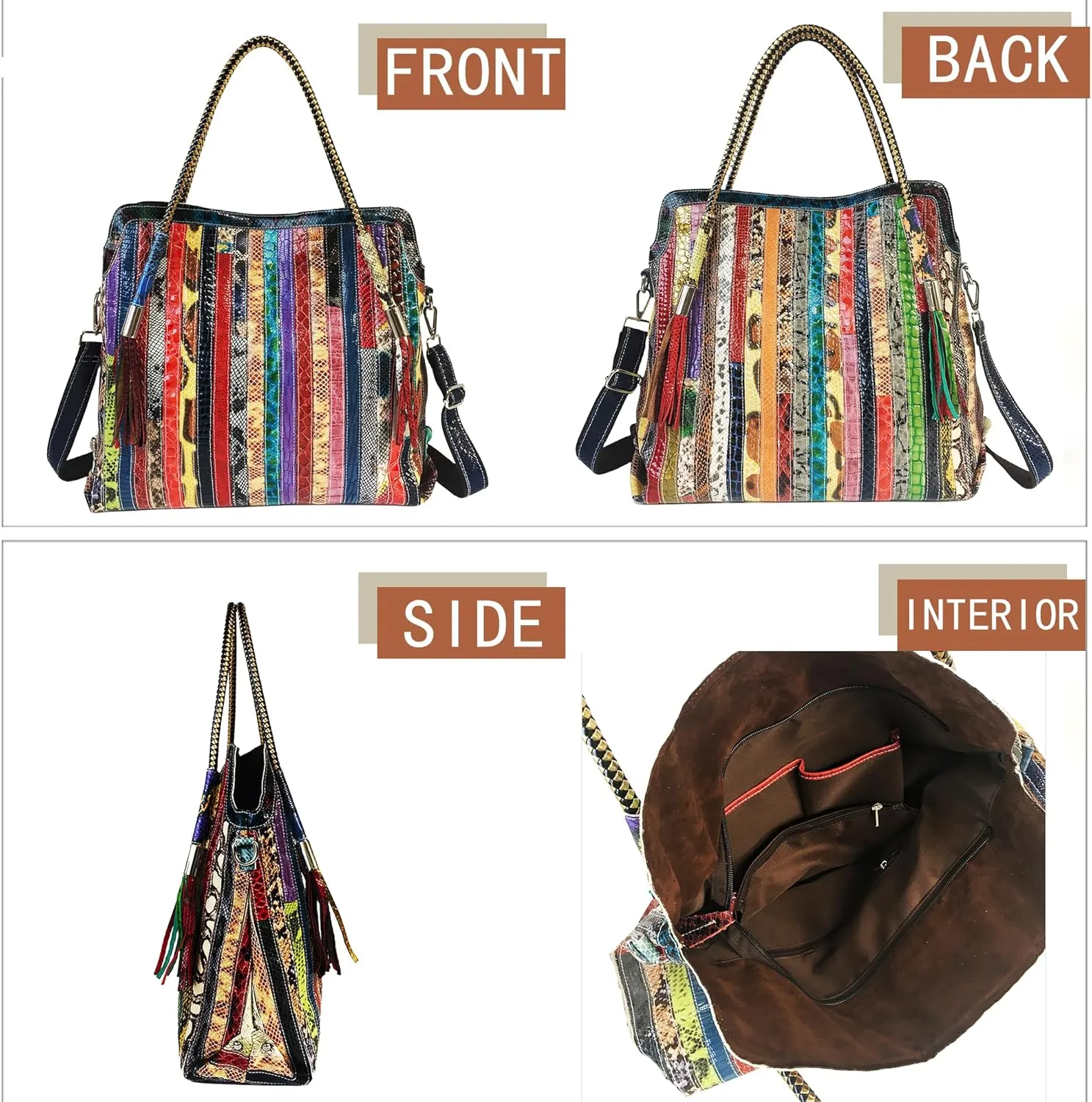 Handmade Cowhide Multi-color Block Random Stitching Unique Style Women's Bag - Crossbody, Shoulder and Handheld