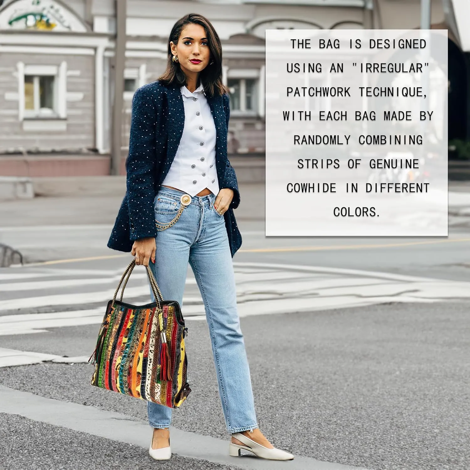 Handmade Cowhide Multi-color Block Random Stitching Unique Style Women's Bag - Crossbody, Shoulder and Handheld