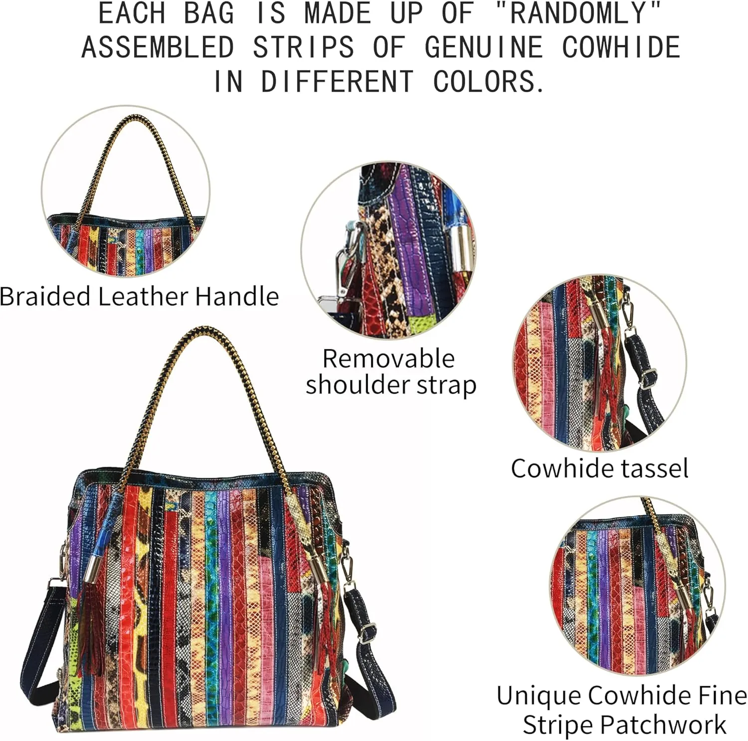 Handmade Cowhide Multi-color Block Random Stitching Unique Style Women's Bag - Crossbody, Shoulder and Handheld