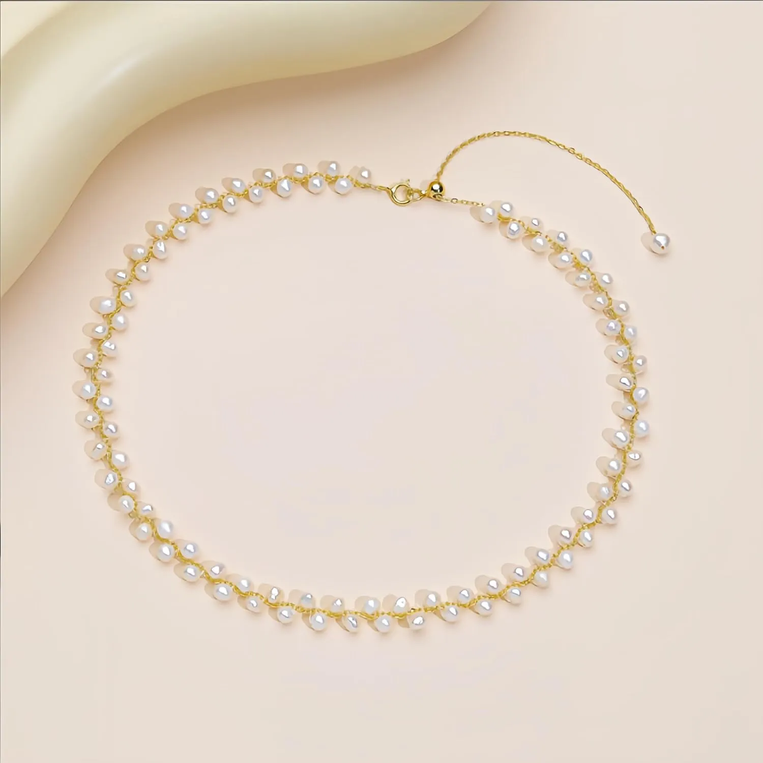 Handmade Freshwater Pearl Necklace for Women 3-4mm Natural Handwoven Lightweight Adjustable Modern Minimalist Versatile for Daily Office Travel