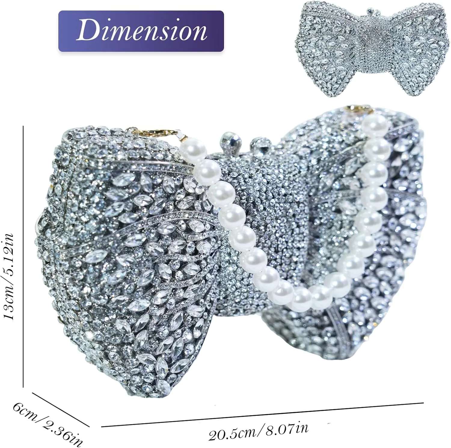 Handmade Inlay Rhinestone Bow Clutch Bag for Women, Sparkling Evening Party Wedding Purse with Detachable Pearl Chain Strap