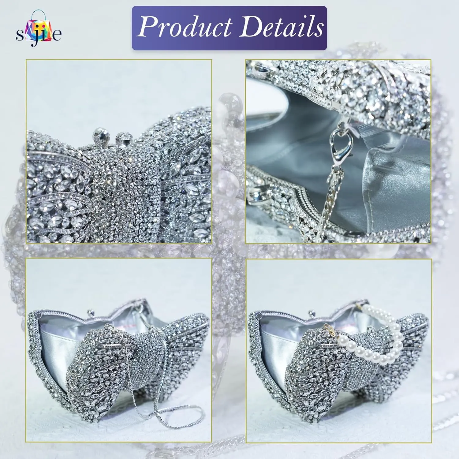 Handmade Inlay Rhinestone Bow Clutch Bag for Women, Sparkling Evening Party Wedding Purse with Detachable Pearl Chain Strap