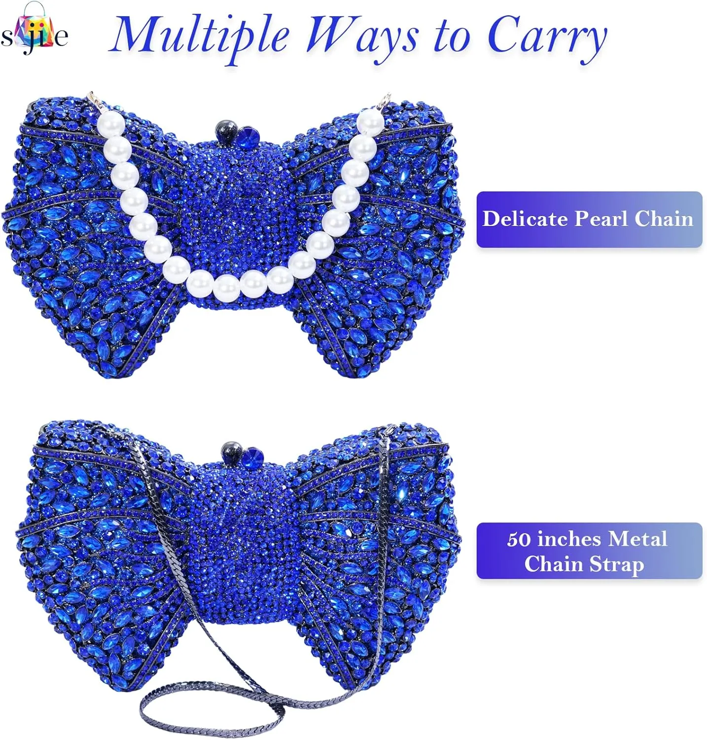 Handmade Inlay Rhinestone Bow Clutch Bag for Women, Sparkling Evening Party Wedding Purse with Detachable Pearl Chain Strap
