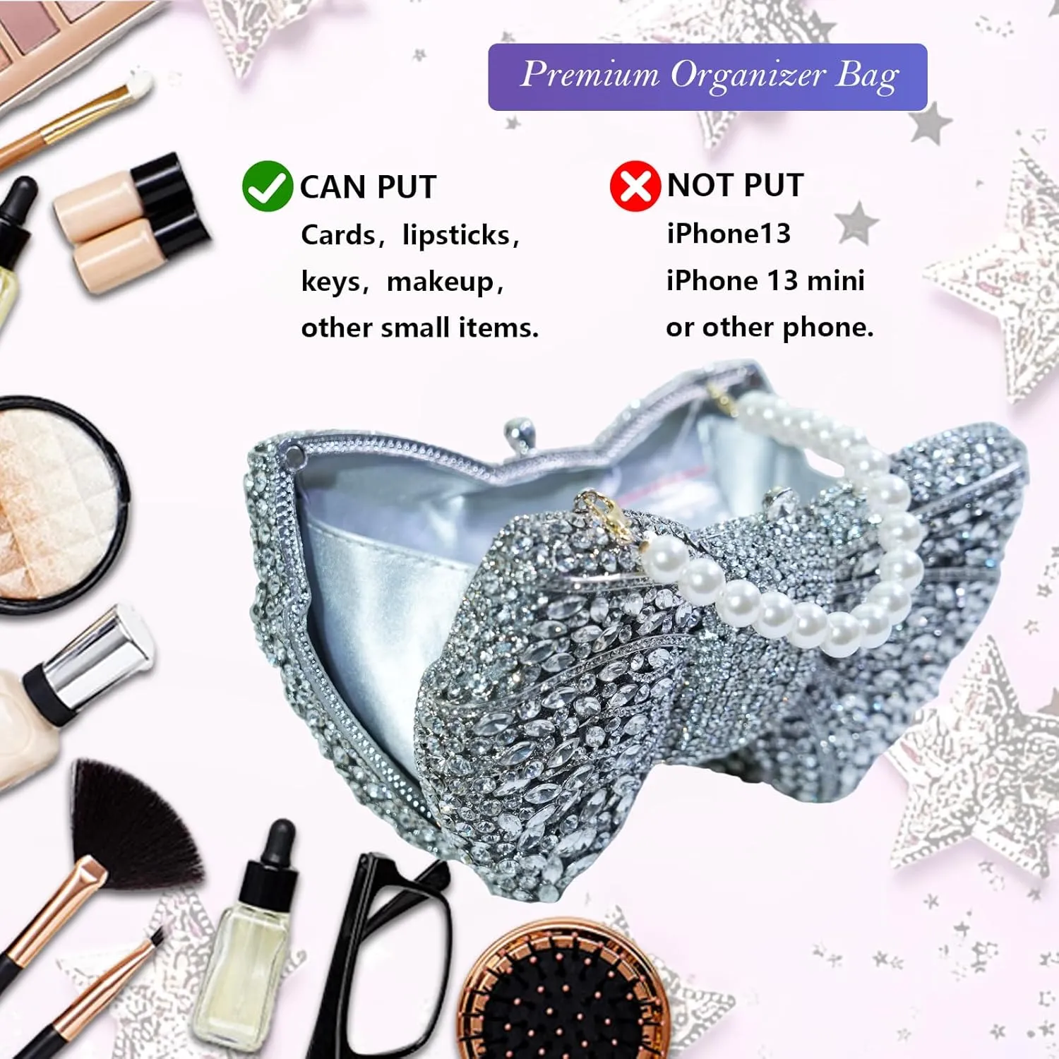 Handmade Inlay Rhinestone Bow Clutch Bag for Women, Sparkling Evening Party Wedding Purse with Detachable Pearl Chain Strap
