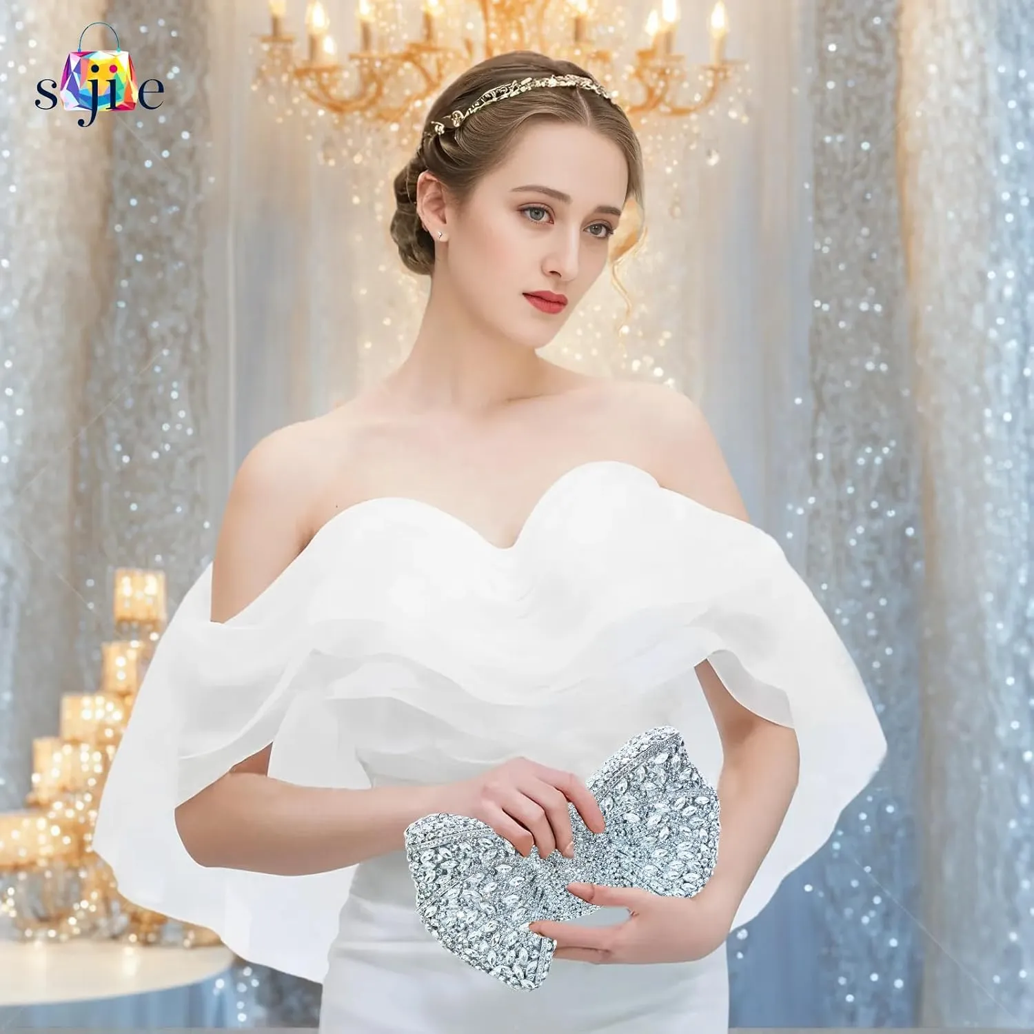 Handmade Inlay Rhinestone Bow Clutch Bag for Women, Sparkling Evening Party Wedding Purse with Detachable Pearl Chain Strap