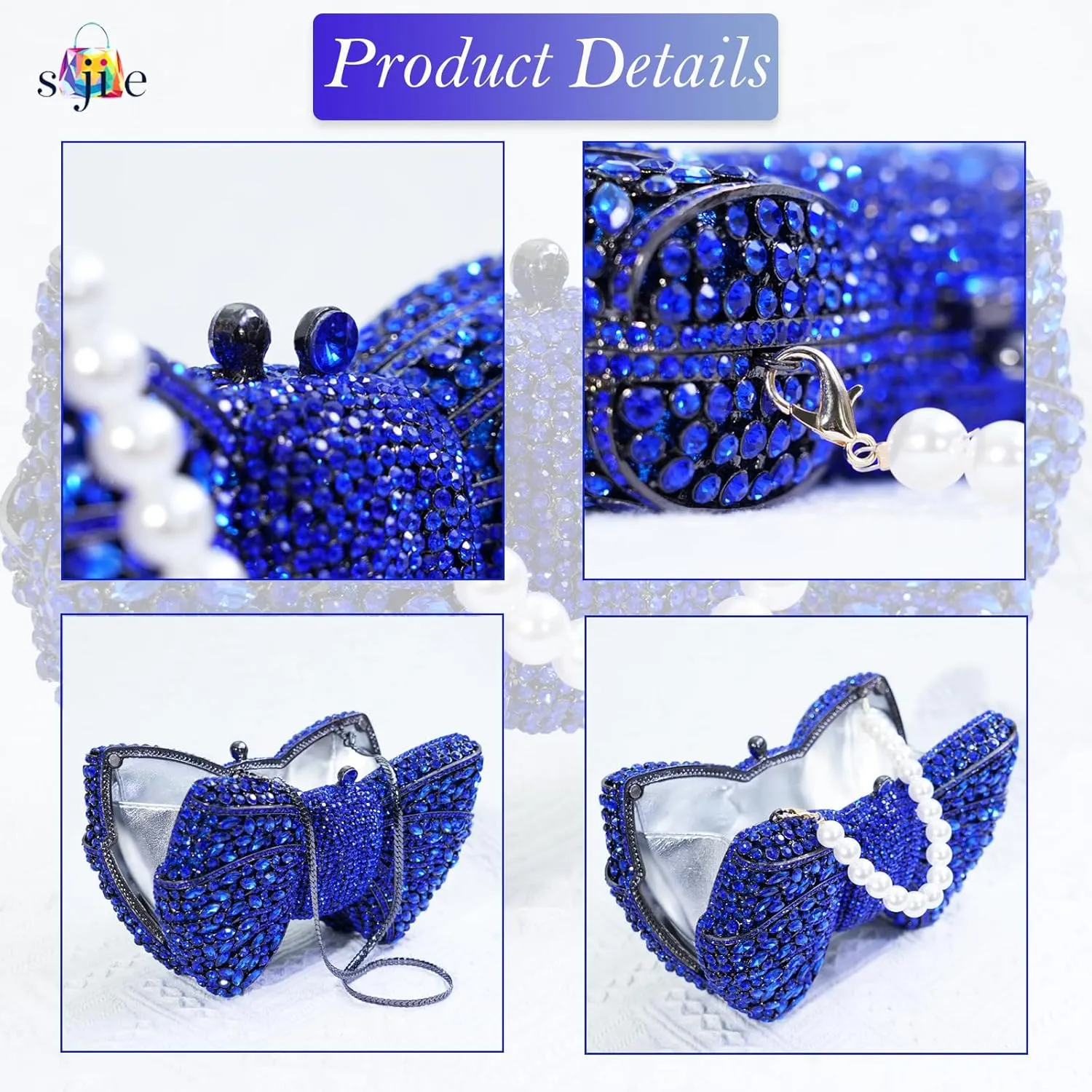 Handmade Inlay Rhinestone Bow Clutch Bag for Women, Sparkling Evening Party Wedding Purse with Detachable Pearl Chain Strap