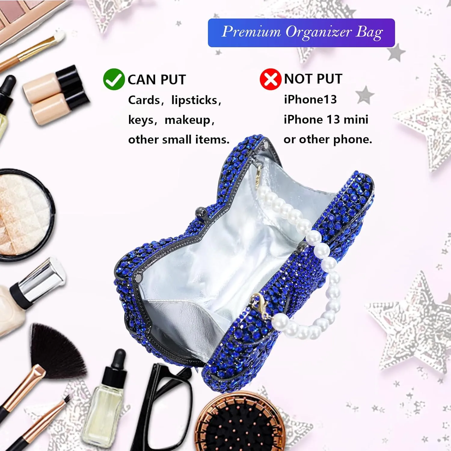 Handmade Inlay Rhinestone Bow Clutch Bag for Women, Sparkling Evening Party Wedding Purse with Detachable Pearl Chain Strap