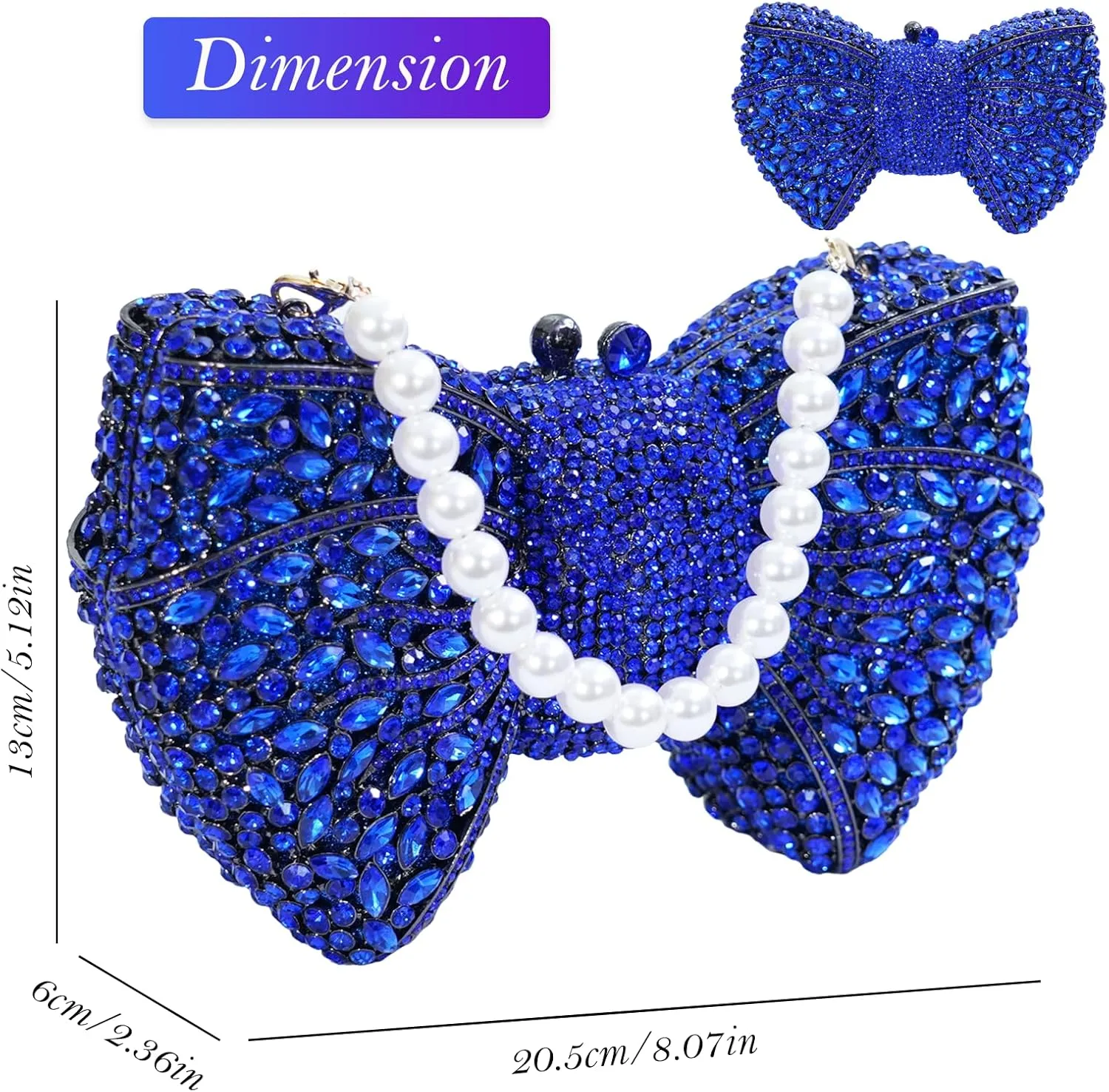 Handmade Inlay Rhinestone Bow Clutch Bag for Women, Sparkling Evening Party Wedding Purse with Detachable Pearl Chain Strap