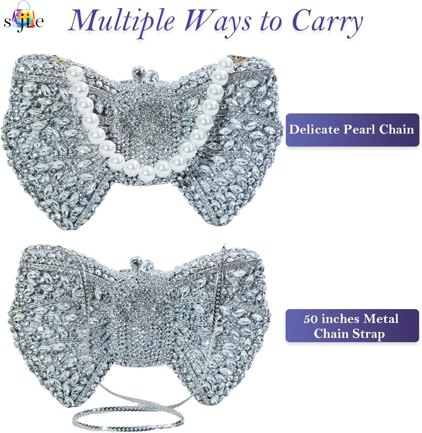 Handmade Inlay Rhinestone Bow Clutch Bag for Women, Sparkling Evening Party Wedding Purse with Detachable Pearl Chain Strap