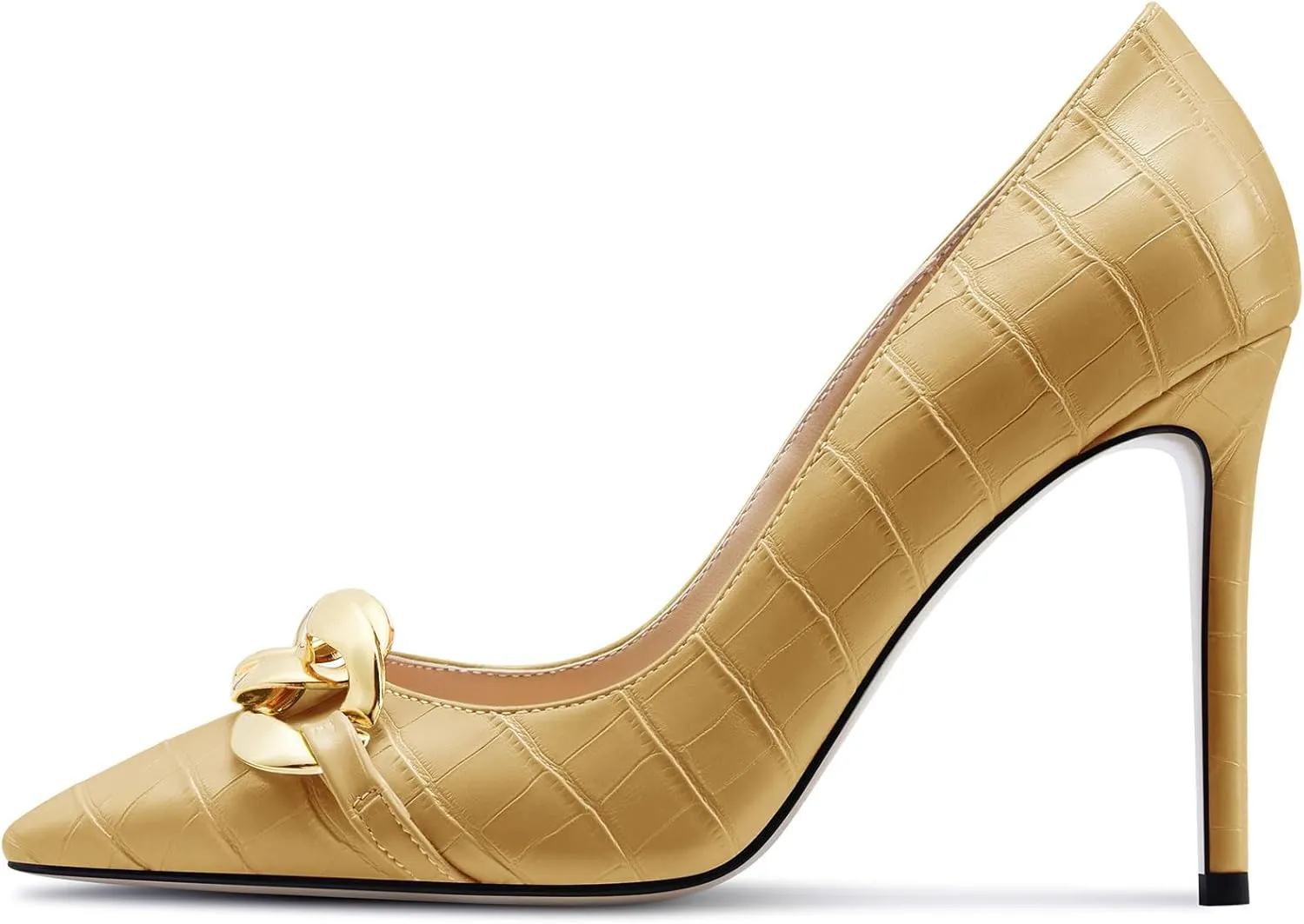 HDEUOLM Womens Stiletto High Heel Pointed Toe Pumps Slip-on Metal Chain Office Basic Classic 3.9 Inches Heels