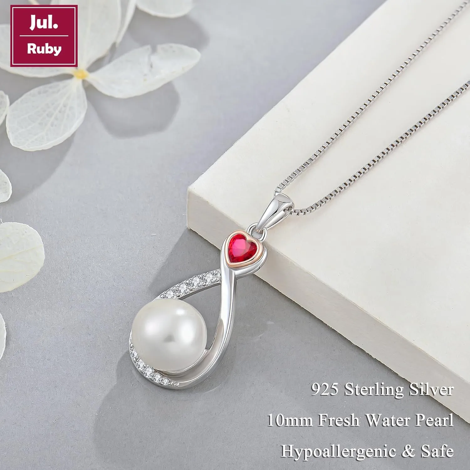 Heart Birthstone Pearl Pendant Necklace, 925 Sterling Silver Infinity Necklace with 10mm Freshwater Cultured Pearl & 4mm Gemstone Jewelry for Women