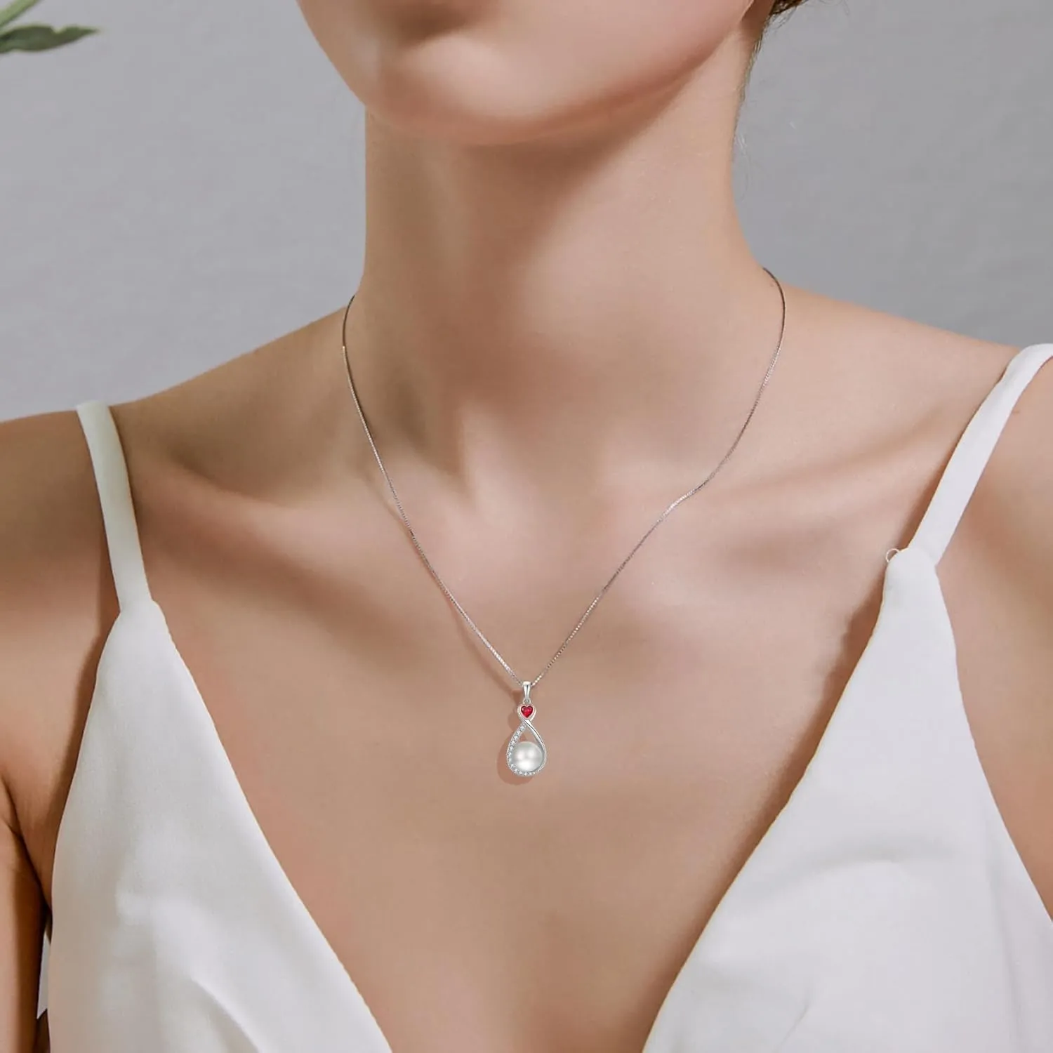 Heart Birthstone Pearl Pendant Necklace, 925 Sterling Silver Infinity Necklace with 10mm Freshwater Cultured Pearl & 4mm Gemstone Jewelry for Women