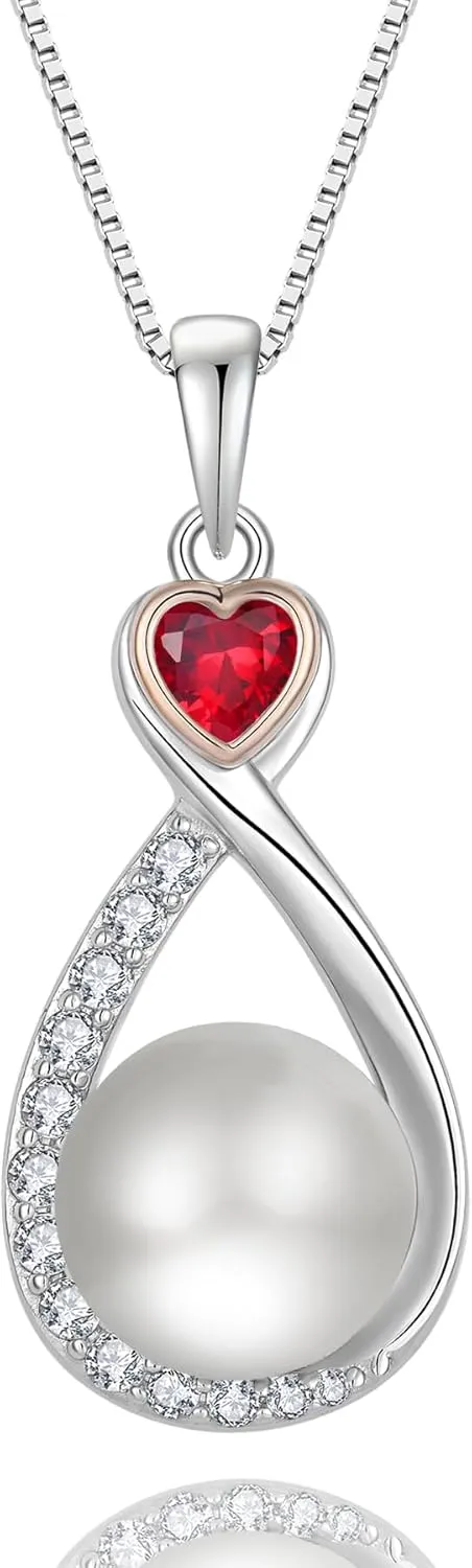 Heart Birthstone Pearl Pendant Necklace, 925 Sterling Silver Infinity Necklace with 10mm Freshwater Cultured Pearl & 4mm Gemstone Jewelry for Women