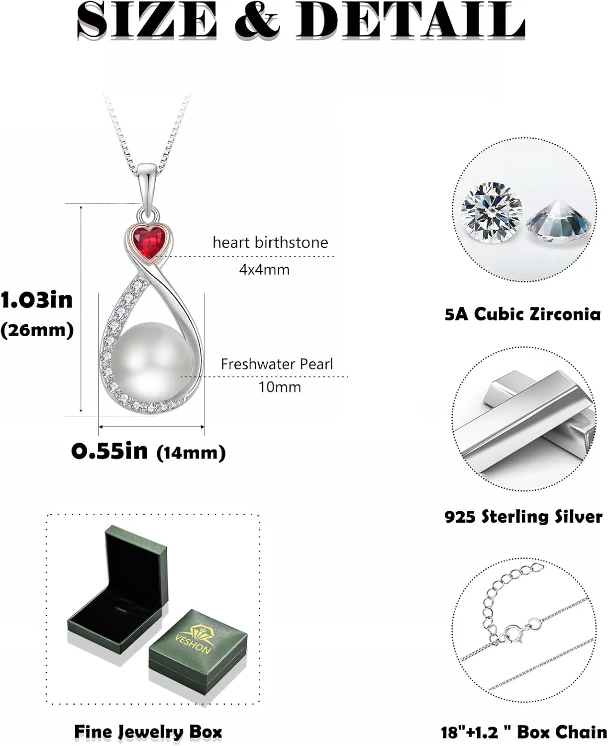 Heart Birthstone Pearl Pendant Necklace, 925 Sterling Silver Infinity Necklace with 10mm Freshwater Cultured Pearl & 4mm Gemstone Jewelry for Women