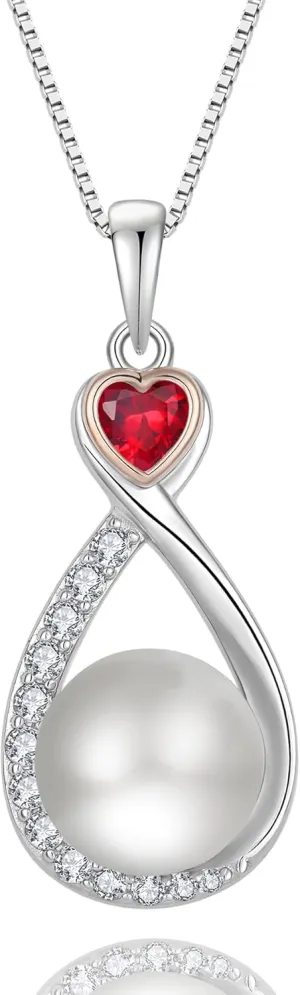 Heart Birthstone Pearl Pendant Necklace, 925 Sterling Silver Infinity Necklace with 10mm Freshwater Cultured Pearl & 4mm Gemstone Jewelry for Women