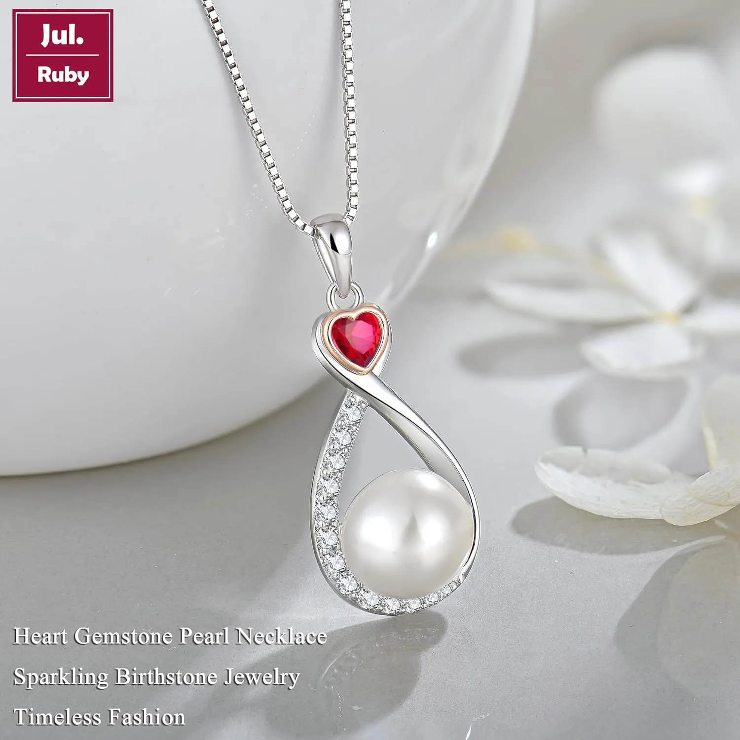 Heart Birthstone Pearl Pendant Necklace, 925 Sterling Silver Infinity Necklace with 10mm Freshwater Cultured Pearl & 4mm Gemstone Jewelry for Women