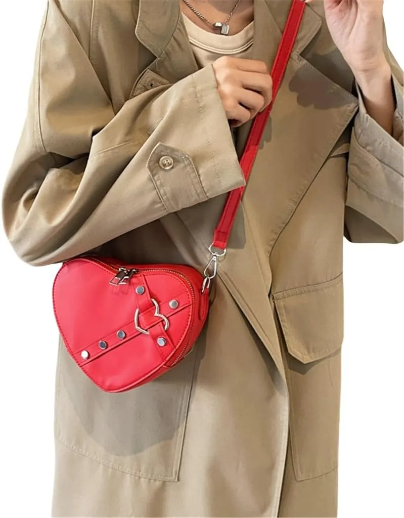 Heart Shape Crossbody Bag Rivet Shoulder Bags for Women Girl Fashion Bags Leather Bag