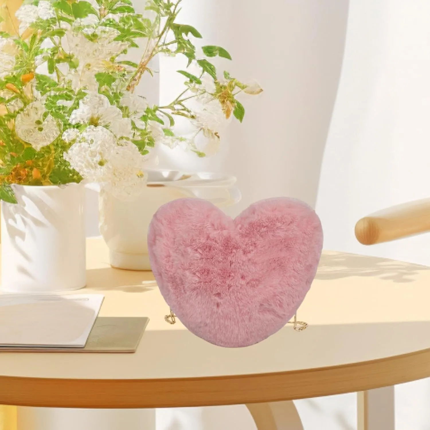 Heart Shaped Shoulder Bag, Furry Purse, Casual Cute Tote Crossbody Bag for Women Ladies