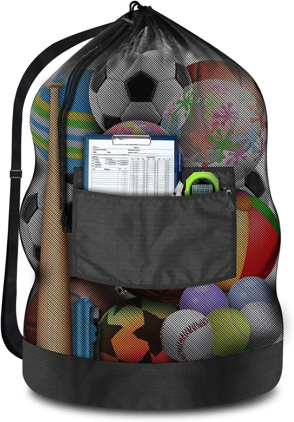 Heavy Duty Soccer Ball Net Bag(100L Extra Large Capacity 10-12Balls), Drawstring Mesh Ball Bag with Zipper Pocket, Sports Equipment Storage Organizer Hold for Gym, Beach, Cloth, Swimming Gears