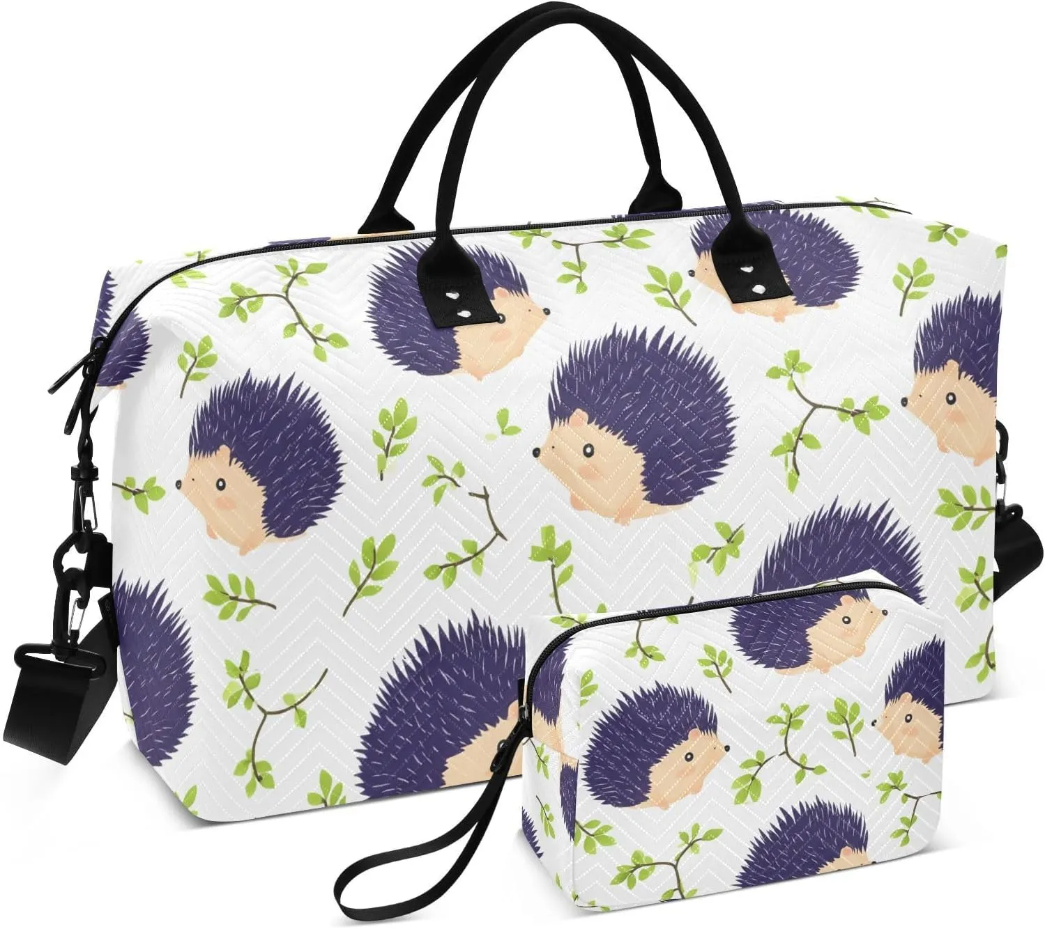 Hedgehog Leaves Branch White Sports Gym Bag for Women Men Travel Duffel Bag Weekend Overnight Carry on Bag with Toiletry Bag Training Handbag for Swimming Yoga Workout Hospital Plane