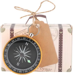HERCHR Suitcase Favor Box, 20Pcs Travel Suitcase Favor Boxes with Compass Keychain Vintage Kraft Candy Favor Boxes for Travel Theme Party(Gold)