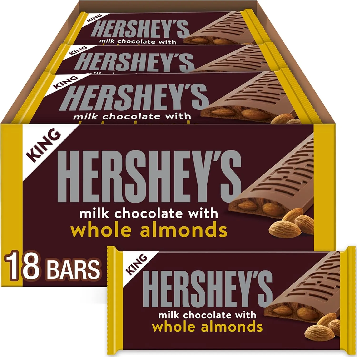 HERSHEY'S Milk Chocolate with Whole Almonds Candy Bars, 2.6 oz (18 Count)