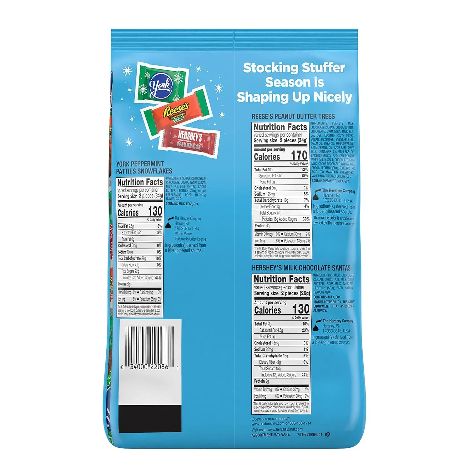HERSHEY'S, REESE'S and YORK Assorted Flavored, Christmas Candy Variety Bag, 31.8 oz
