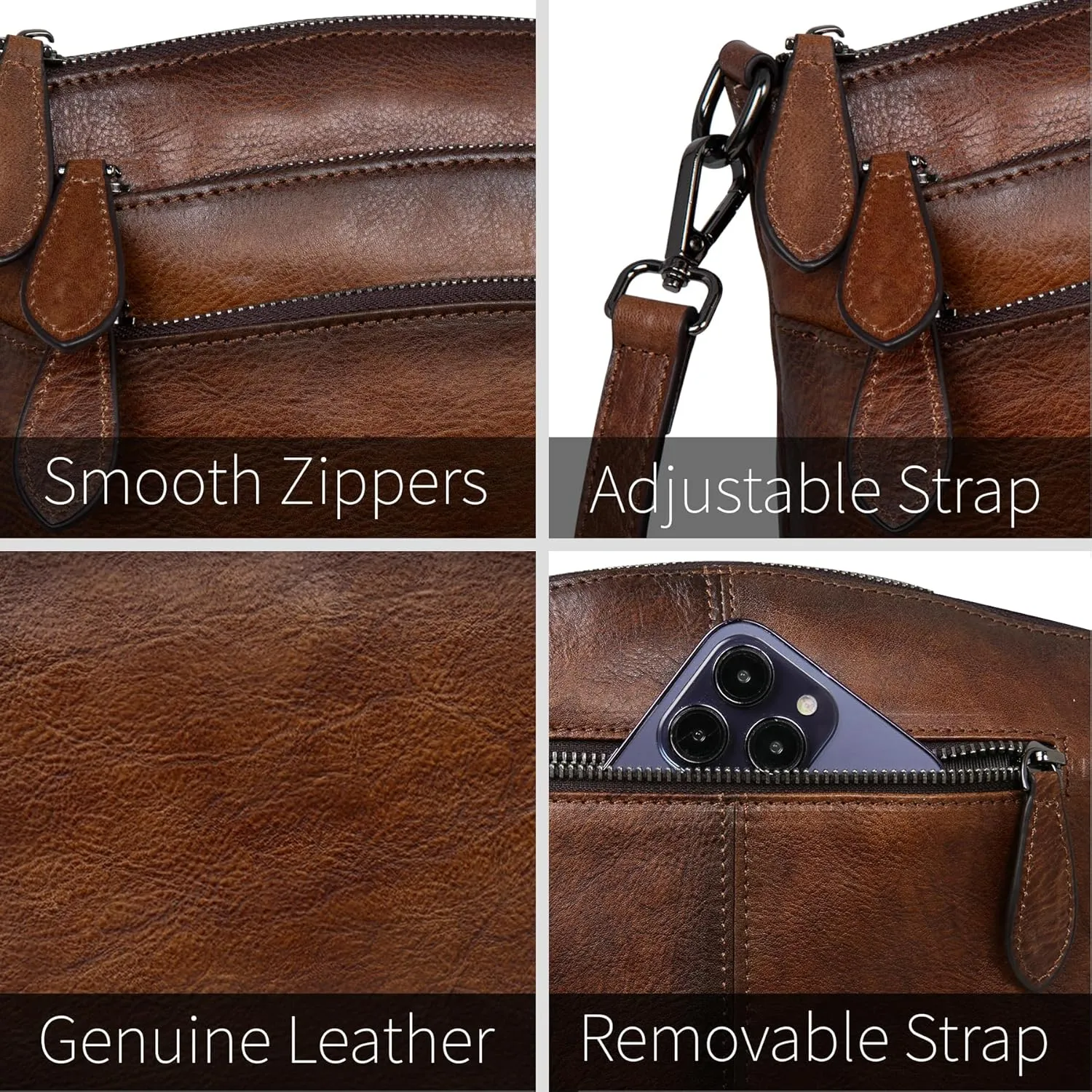 HESHE Crossbody Bags for Women Genuine Leather Purses with Multi-Pockets Vintage Ladies Small Shoulder Satchel Bag