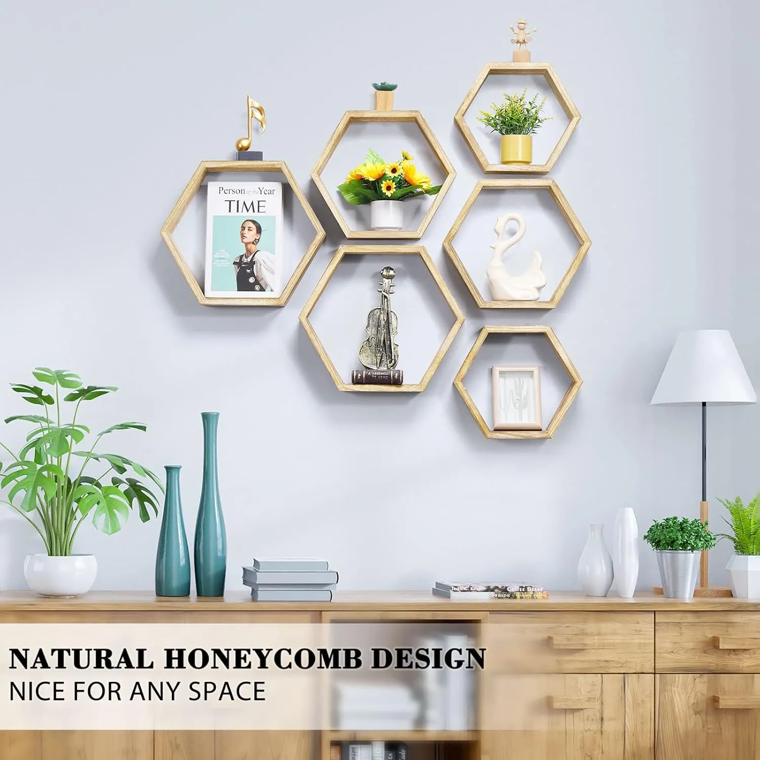Hexagonal Floating Shelves Wall Mounted Set of 6 Wooden Hexagon Shelves Farmhouse Storage Honeycomb Wall Shelves Hexagon Hanging Shelves Rustic Geometric Wall Shelf for Nursery Bedroom Living Room