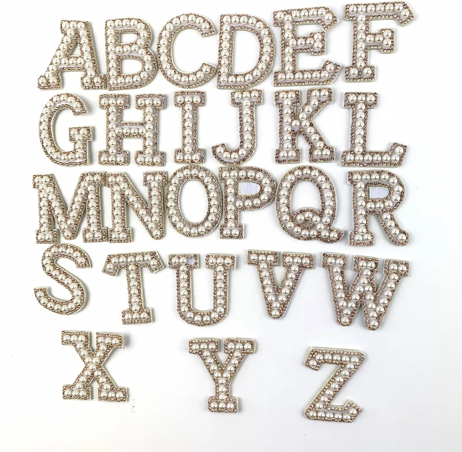 Heyiwell 26PC/Set White Pearl Bling Rhinestone Iron On Letter Patch, A-Z Pearls Letter Patches for Clothes Dress Hat Pants Shoes Sewing Decor DIY Craft Supplies Approx 2" Inch H,Gold