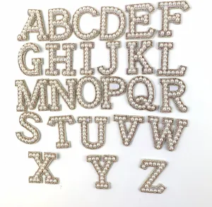 Heyiwell 26PC/Set White Pearl Bling Rhinestone Iron On Letter Patch, A-Z Pearls Letter Patches for Clothes Dress Hat Pants Shoes Sewing Decor DIY Craft Supplies Approx 2" Inch H,Gold