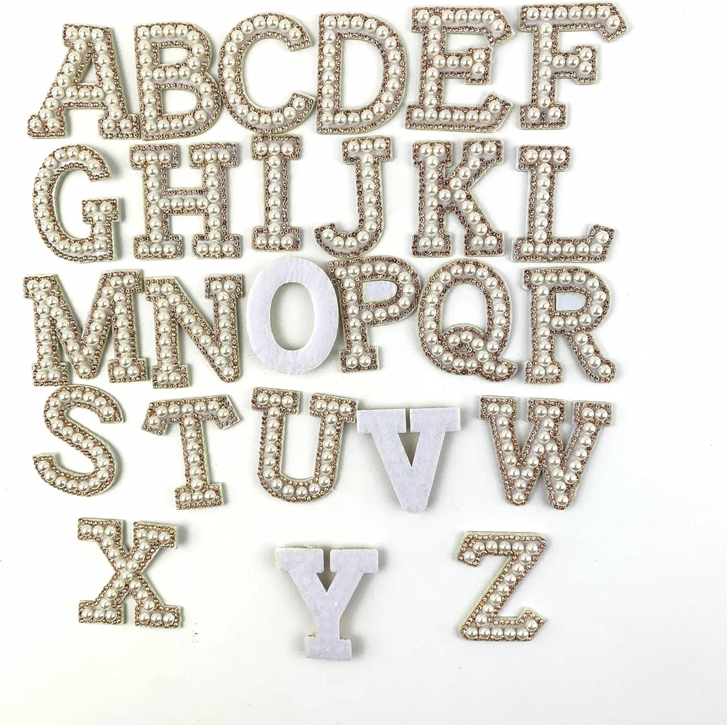 Heyiwell 26PC/Set White Pearl Bling Rhinestone Iron On Letter Patch, A-Z Pearls Letter Patches for Clothes Dress Hat Pants Shoes Sewing Decor DIY Craft Supplies Approx 2" Inch H,Gold