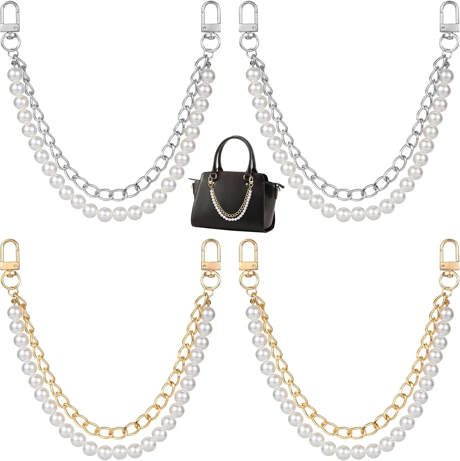 HINZIC 4 Pcs Pearl Purse Strap 9.45" Imitation Gold Silver Metal Short Handle Replacement Bag Chain Strap Pearl Handbag Chain Accessories for Women Girl Purse Bag DIY(31 cm)