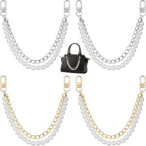 HINZIC 4 Pcs Pearl Purse Strap 9.45" Imitation Gold Silver Metal Short Handle Replacement Bag Chain Strap Pearl Handbag Chain Accessories for Women Girl Purse Bag DIY(31 cm)