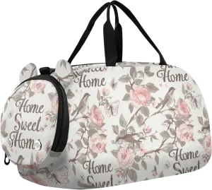 Home Sweet Home William Morris Style Flower Bird Peach Duffel Bag with Shoes Compartment Large Capacity Weekend Travel Bag for Boys and Girls bulto de