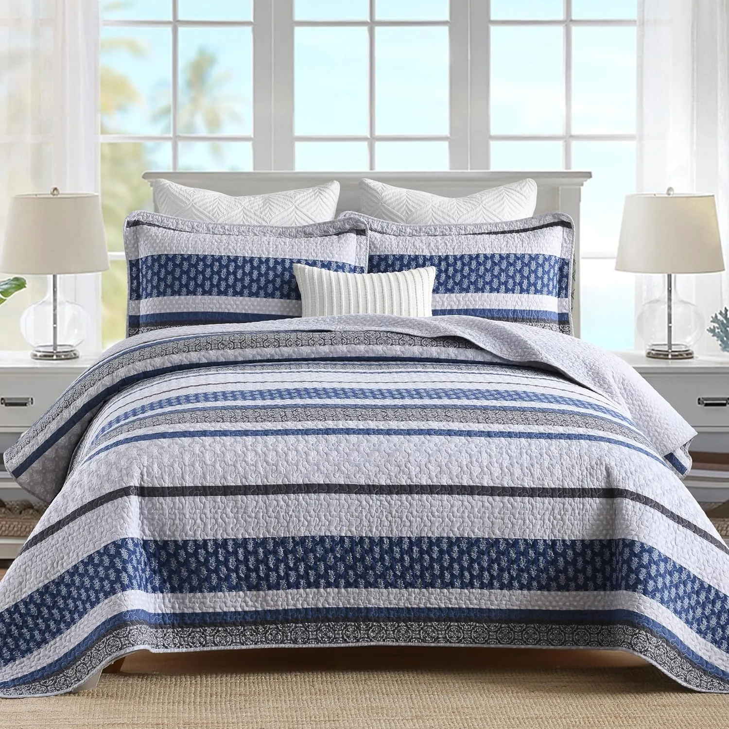 Homzard Quilt Bedding Set Queen Size - 100% Cotton Comforters Set Queen Size,Gray Blue Quilts Bedspread for The Bed, Farmhouse Lightweight Bedding (90 * 98 Inch) and 2 Pillow Shams All Season