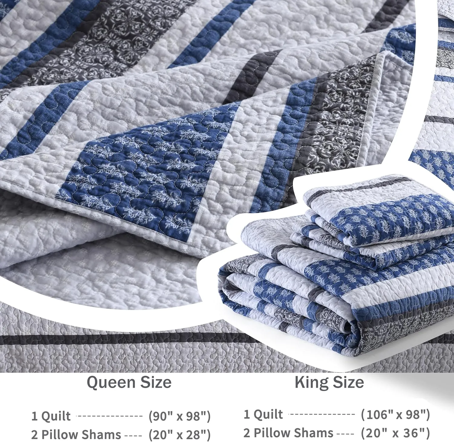 Homzard Quilt Bedding Set Queen Size - 100% Cotton Comforters Set Queen Size,Gray Blue Quilts Bedspread for The Bed, Farmhouse Lightweight Bedding (90 * 98 Inch) and 2 Pillow Shams All Season