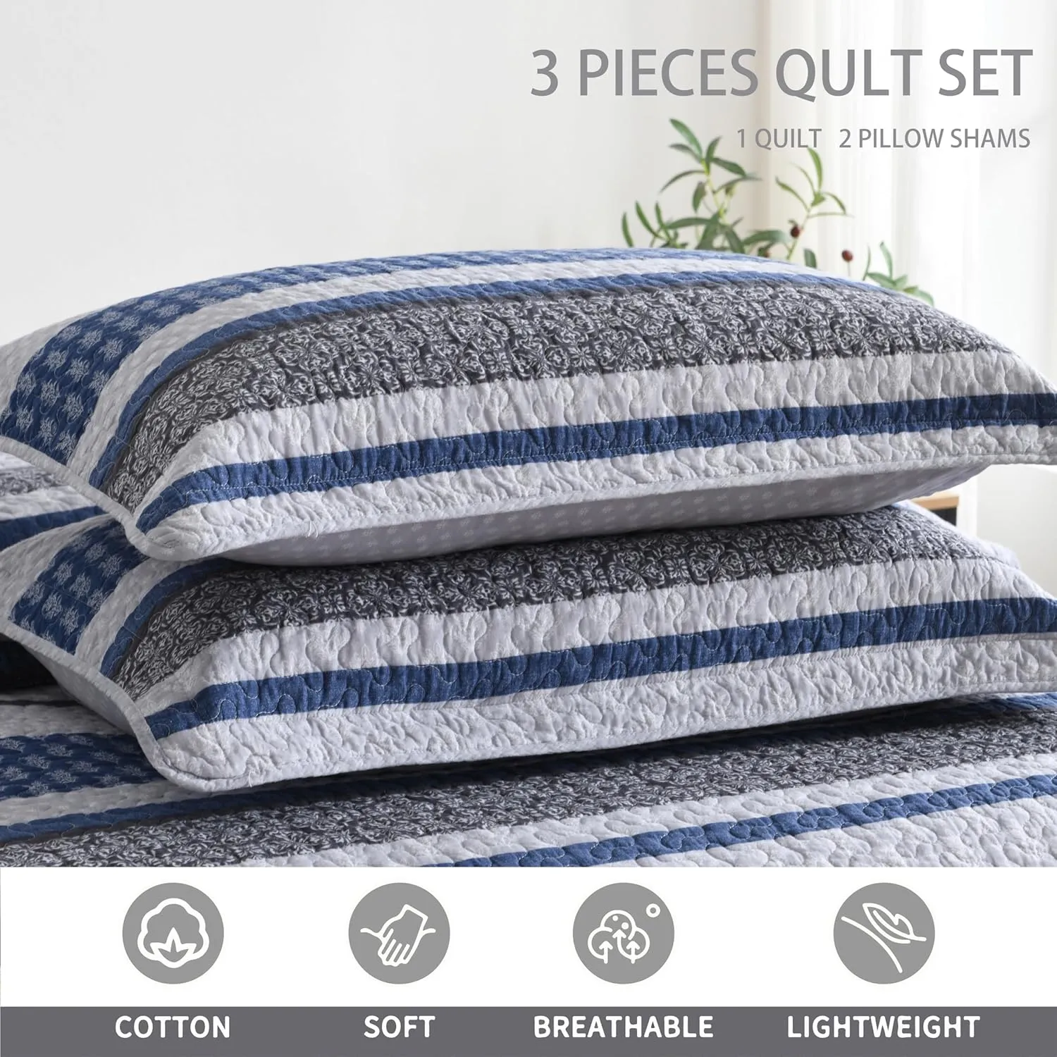 Homzard Quilt Bedding Set Queen Size - 100% Cotton Comforters Set Queen Size,Gray Blue Quilts Bedspread for The Bed, Farmhouse Lightweight Bedding (90 * 98 Inch) and 2 Pillow Shams All Season