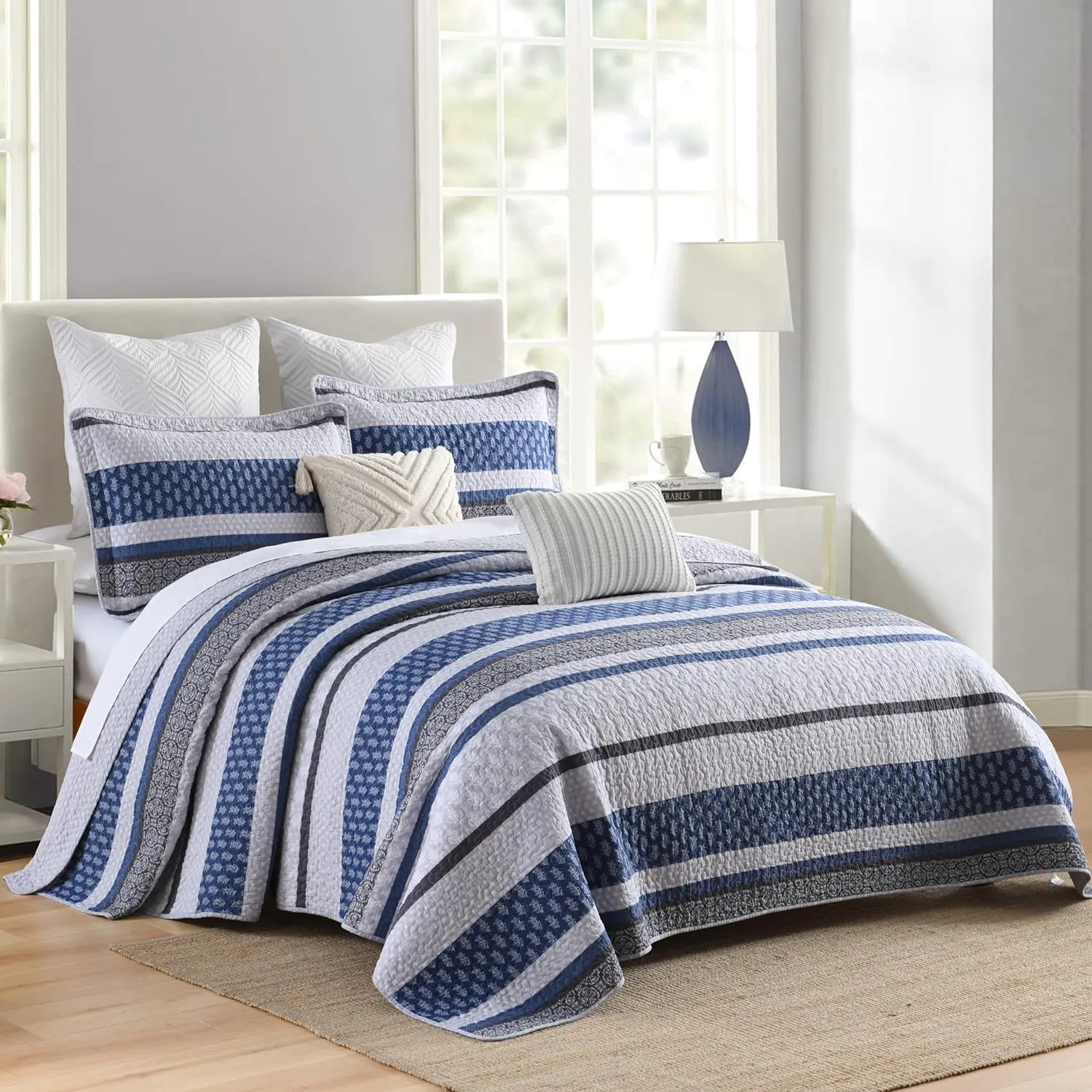 Homzard Quilt Bedding Set Queen Size - 100% Cotton Comforters Set Queen Size,Gray Blue Quilts Bedspread for The Bed, Farmhouse Lightweight Bedding (90 * 98 Inch) and 2 Pillow Shams All Season