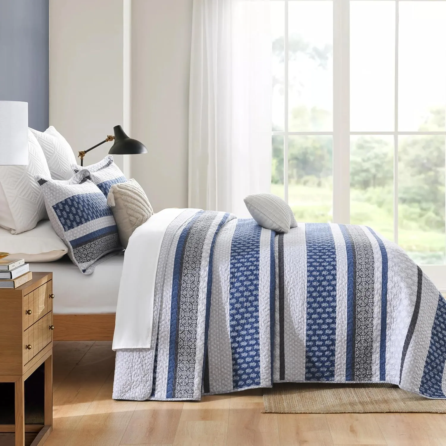 Homzard Quilt Bedding Set Queen Size - 100% Cotton Comforters Set Queen Size,Gray Blue Quilts Bedspread for The Bed, Farmhouse Lightweight Bedding (90 * 98 Inch) and 2 Pillow Shams All Season