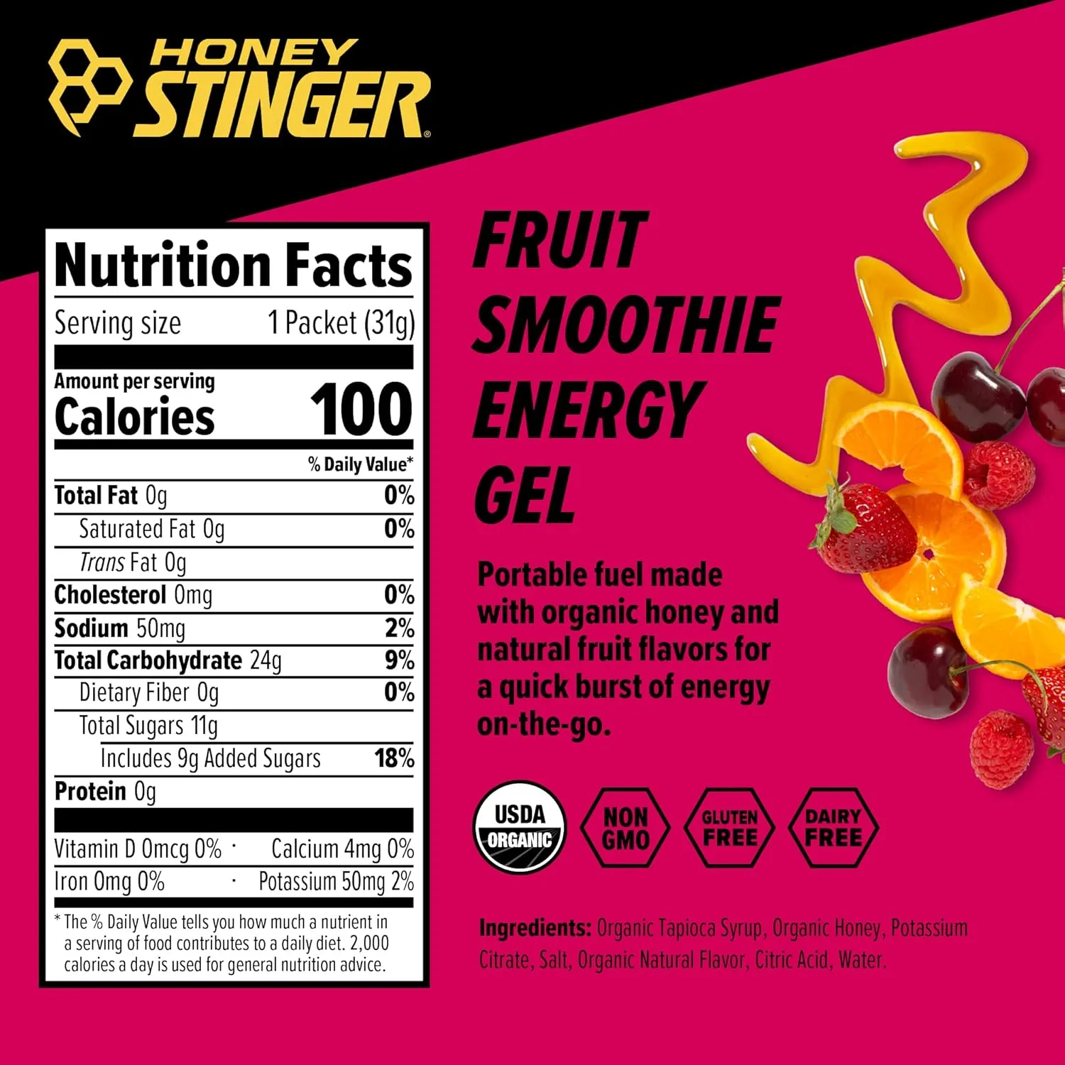 Honey Stinger Organic Fruit Smoothie Energy Gel | Gluten Free & Caffeine Free | for Exercise, Running and Performance | Sports Nutrition for Home & Gym, Pre and Mid Workout | 12 Pack, 13.2 Ounce