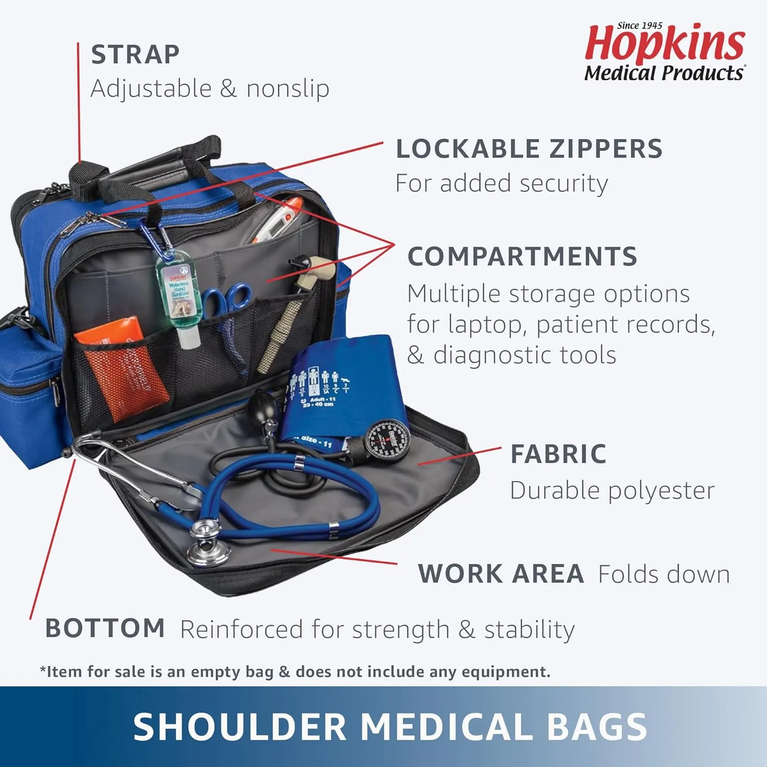 Hopkins Medical Products Mark V Shoulder Bag, HIPAA Compliant Lockable Zippers for Security, Adjustable Straps and Reinforced Bottom, Fold-Down Compartment for Easy Access, 13x11.25x7.5 inch, Black