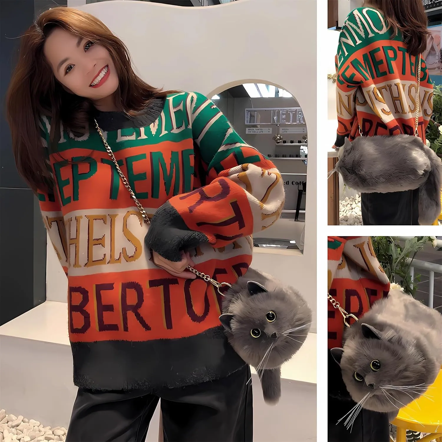 HUIJUFU Realistic Puffy Plush Cat Shaped Crossbody Handbag for Women