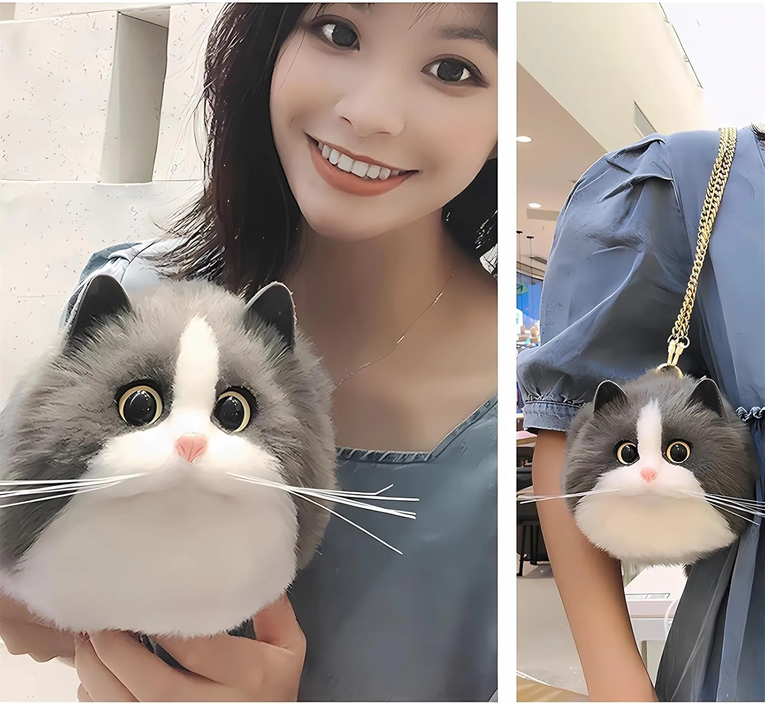 HUIJUFU Realistic Puffy Plush Cat Shaped Crossbody Handbag for Women