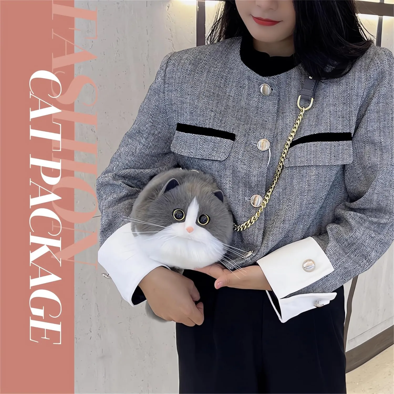 HUIJUFU Realistic Puffy Plush Cat Shaped Crossbody Handbag for Women