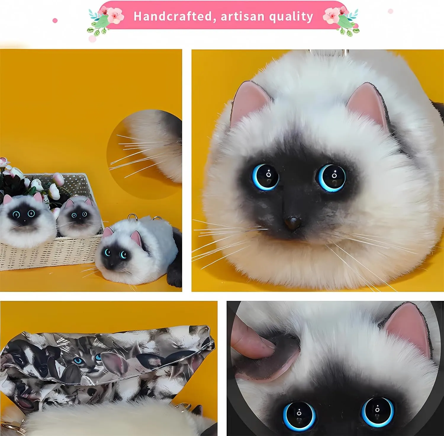 HUIJUFU Realistic Puffy Plush Cat Shaped Crossbody Handbag for Women